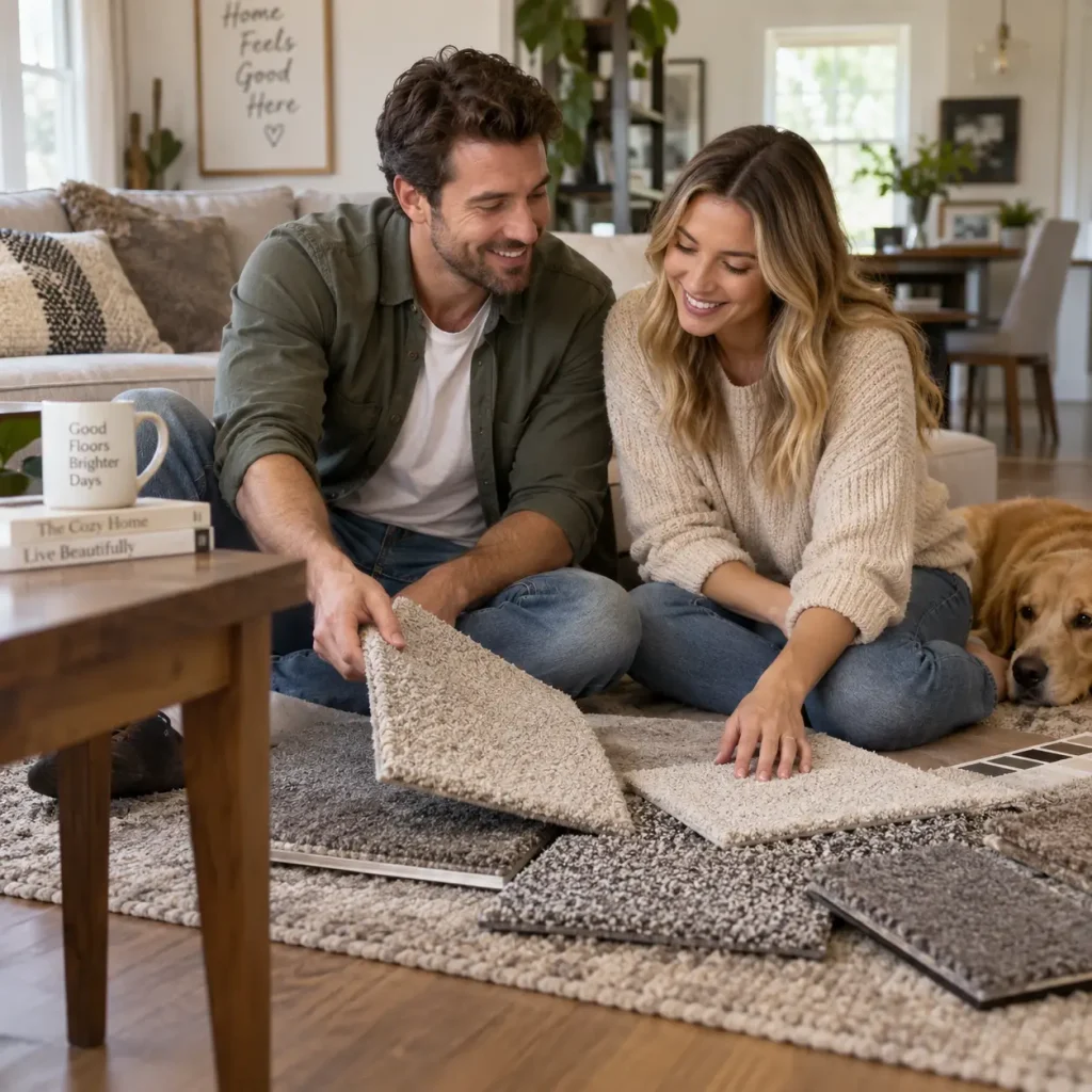 Happy couple browsing carpet flooring samples