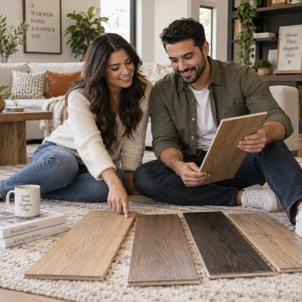 Happy couple browsing hardwood flooring samples