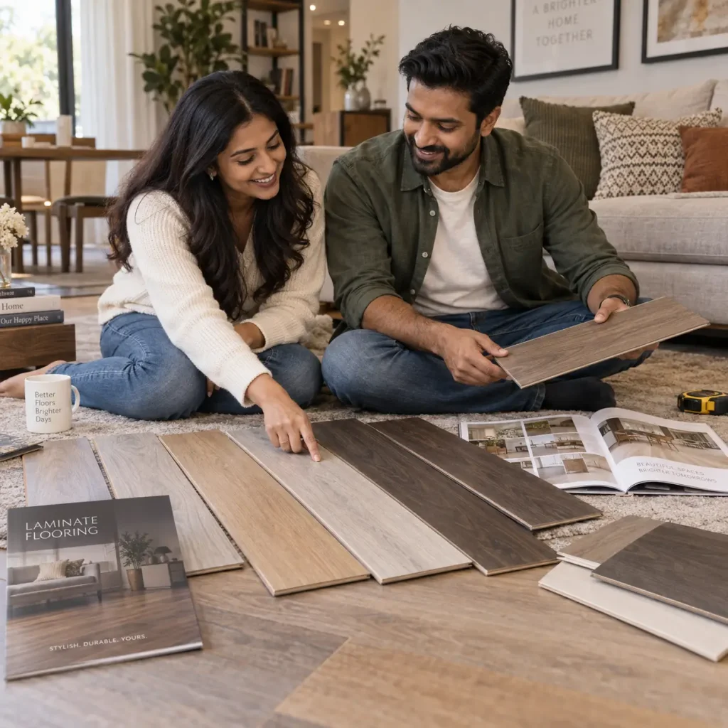 Happy couple browsing laminate flooring samples