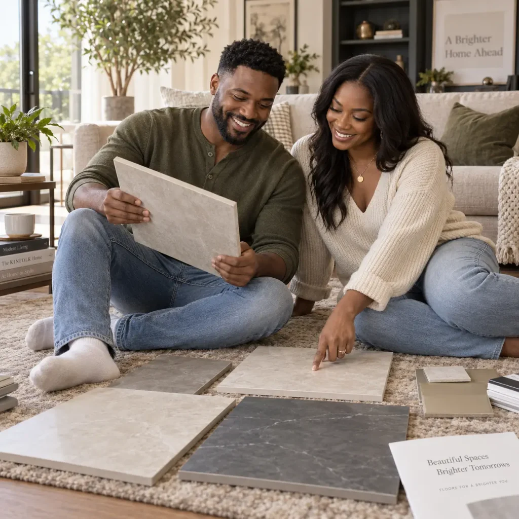 Happy couple browsing tile flooring samples