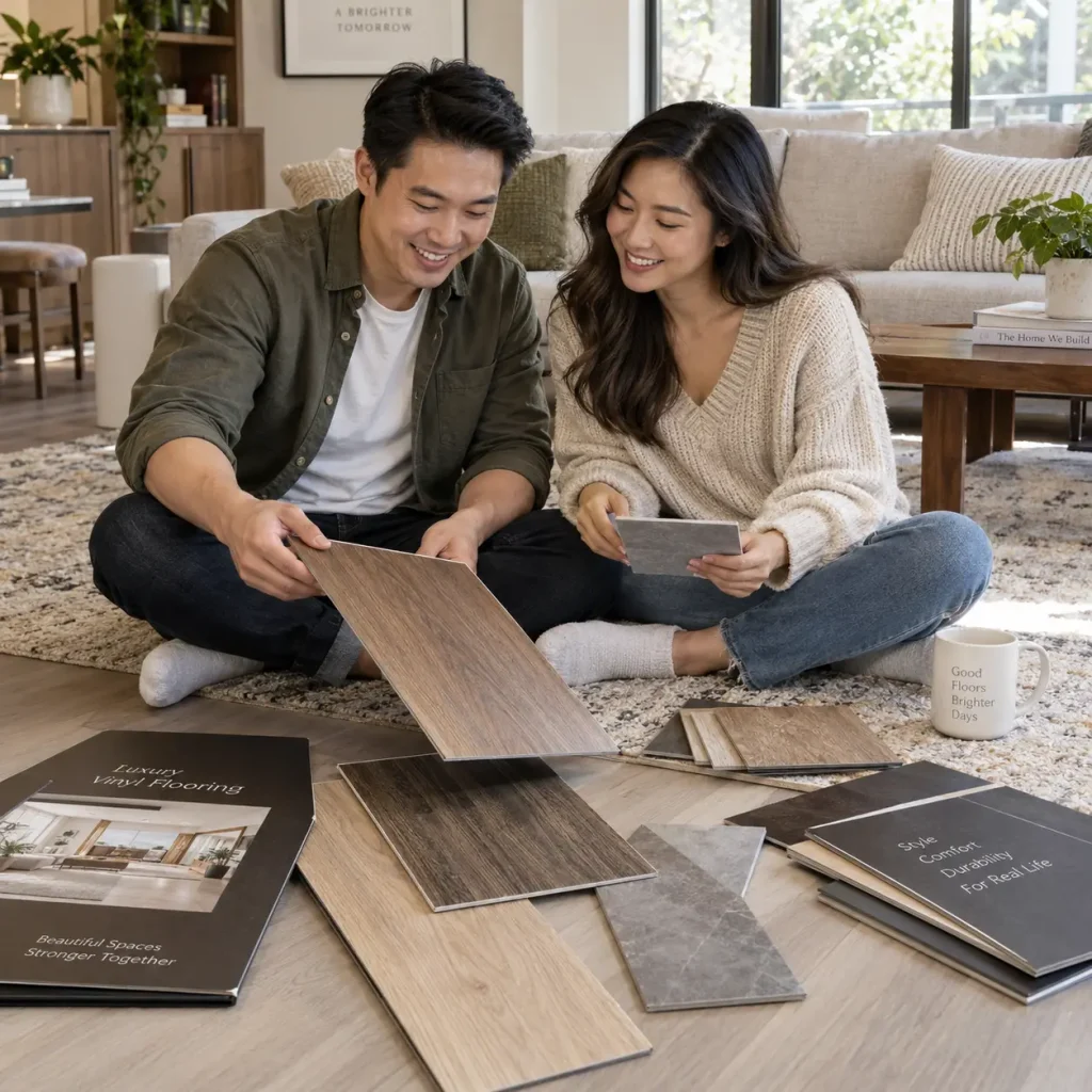 Happy couple browsing vinyl flooring samples