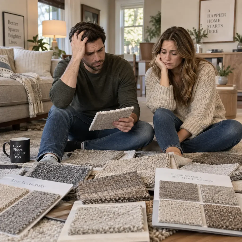 Couple choosing carpet flooring and frustrated