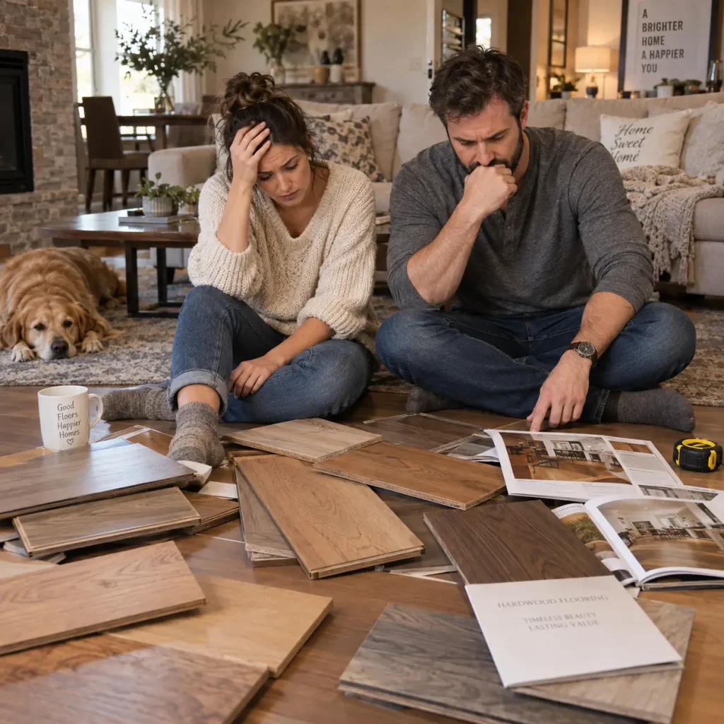 Couple choosing hardwood flooring and frustrated
