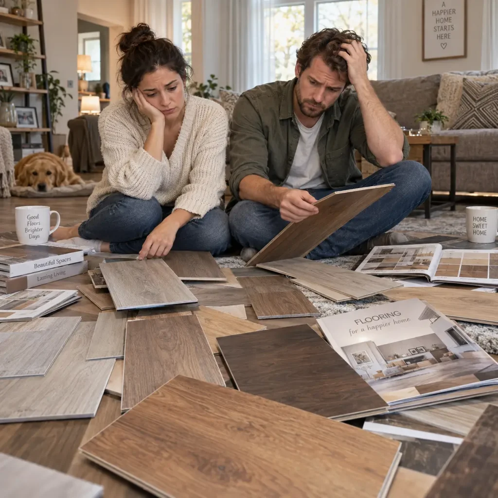 Couple choosing laminate flooring and frustrated