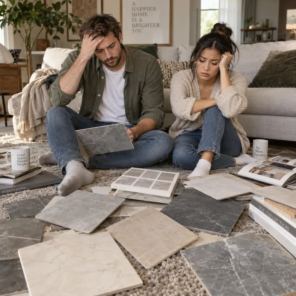 Couple choosing tile flooring and frustrated