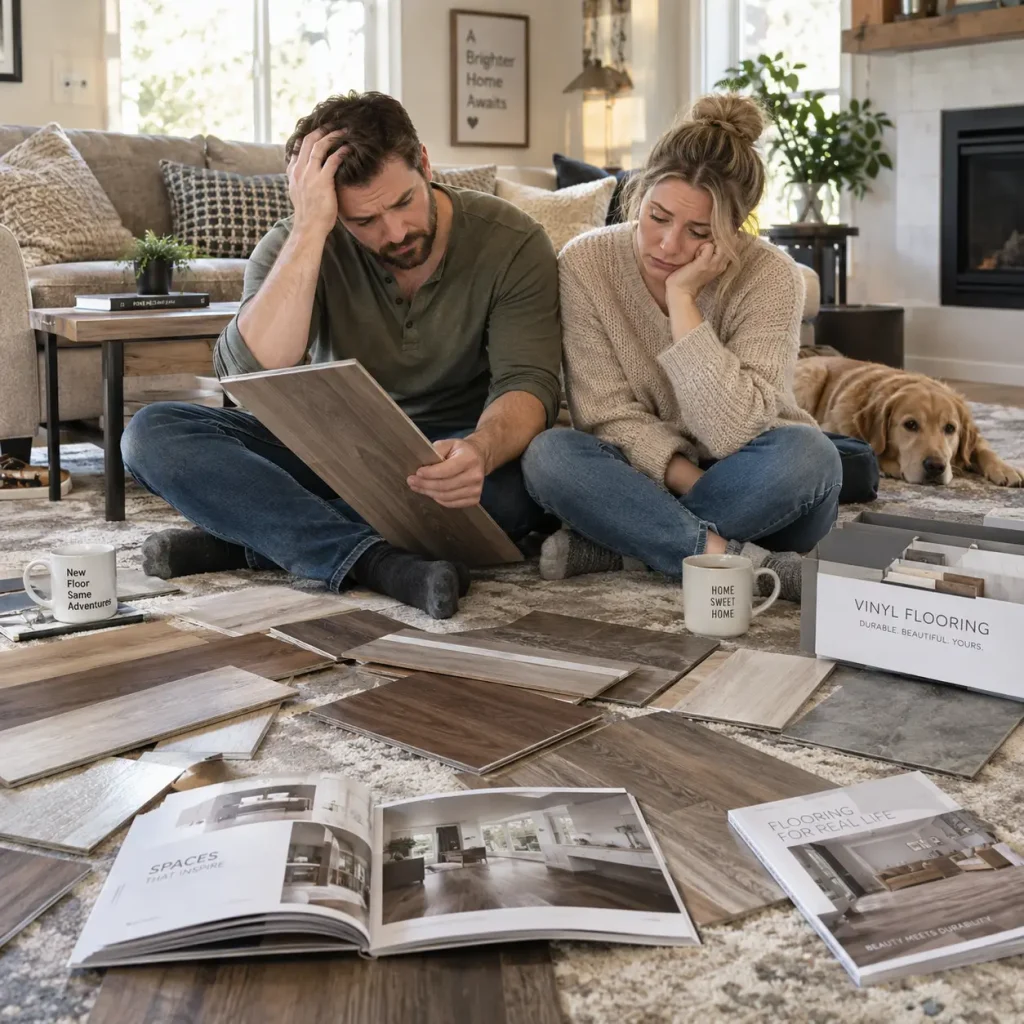 Couple choosing vinyl flooring and frustrated